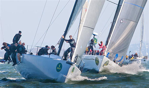 Canadian Ashley Wolfe's TP 52 Mayhem from Calgary Alberta and Sy Kleinman's Swiftsure II after the start of race one, during the Rolex Big Boat Series, San Francisco, California. Photo copyright Rolex and Daniel Forster.