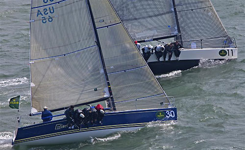 Leader after two days, Scott Easom's Eight Ball from San Rafael, California (Bow No 11) just ahead of Jim Richardson's Farr 30, Barking Mad from Boston Massachusetts, during the Rolex Big Boat Series, San Francisco, California. Photo copyright Rolex and Daniel Forster.