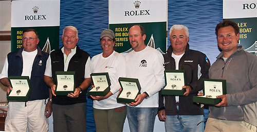 Presented with a Rolex Oyster Perpetual Submariner from left to right are TNT's Brad Copper, Vesper's Jim Swartz, Groovederci's Deenan Demourkas, Blackhawk's Scooter Simmons, Dayenu's Donald Payan and Double Trouble's Andy Costello, at the presentations for the Rolex Big Boat Series, San Francisco, California. Photo copyright Rolex and Daniel Forster.