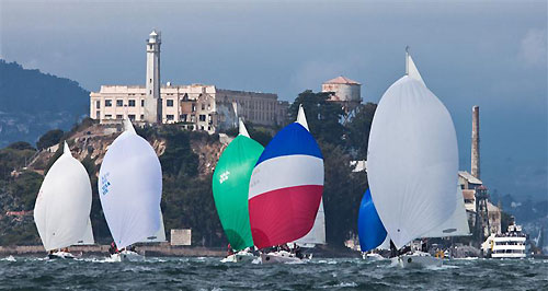 Down wind of the J 105 Class off Alcatraz, during the Rolex Big Boat Series, San Francisco, California. Photo copyright Rolex and Daniel Forster.