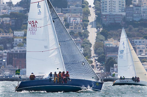 Edward Walker's Wianno and Theresa Brandner-Allen's Walloping Swede, both J 105s' from San Francisco, sailing off Hyde Street during the Rolex Big Boat Series, San Francisco, California. Photo copyright Rolex and Daniel Forster.