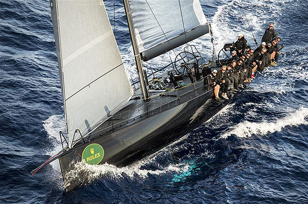 Sir Peter Ogden's 60-foot Mini Maxi Jethou (GBR) races upwind to the finish of Leg Two in Capri, during the Rolex Volcano Race 2012. Photo copyright Kurt Arrigo for Rolex.