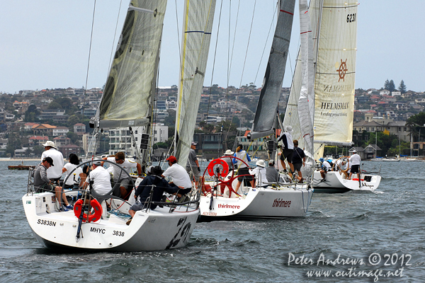 Sydney 38's of Gordon Ketelbey's Zen, Warneford and Jamie's Thirlmere and Bruce Ferguson's Whisper, during the CYCA Trophy One Design Series 2012. Photo copyright Peter Andrews, Outimage Australia 2012.
