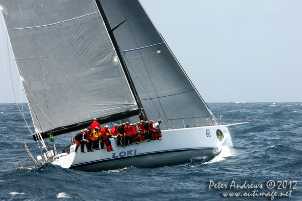Stephen Ainsworth's Reichel Pugh 63 Loki, outside the heads of Sydney Harbour after the start of the 2012 Sydney Hobart Yacht Race. Photo copyright Peter Andrews, Outimage Australia.
