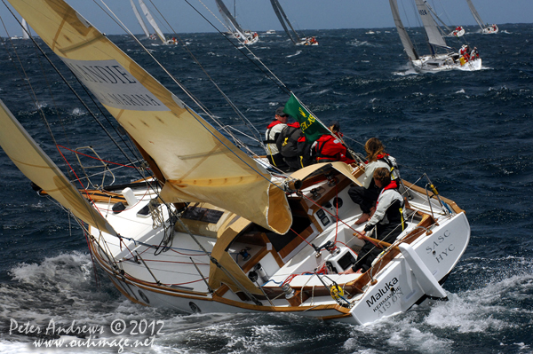 Sean Langman's 9.1 metre gaff-rigged Ranger, Maluka of Kermandie, outside the heads of Sydney Harbour after the start of the 2012 Sydney Hobart Yacht Race. Photo copyright Peter Andrews, Outimage Australia.