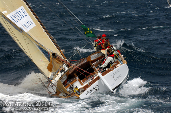Sean Langman's 9.1 metre gaff-rigged Ranger, Maluka of Kermandie, outside the heads of Sydney Harbour after the start of the 2012 Sydney Hobart Yacht Race. Photo copyright Peter Andrews, Outimage Australia.