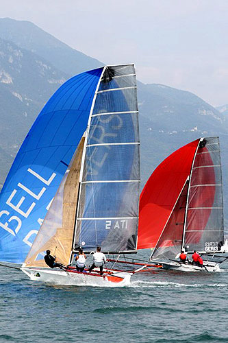 Racing during the 2010 Italian 18ft Skiff Grand Prix on Lake Iseo, Lovere, Italy.