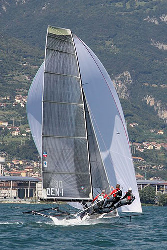 Racing during the 2010 Italian 18ft Skiff Grand Prix on Lake Iseo, Lovere, Italy.