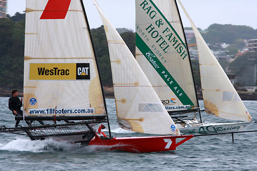 Rag & Famish Hotel leading Gotta Love 7 on windward leg, during the 18 Footers Mick Scully Memorial Trophy on Sydney Harbour, October 24, 2010. Photo copyright the Australian 18 Footers League.