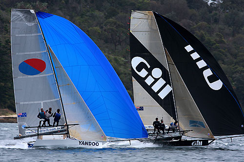 Smeg (Gill) leads Yandoo, during the 18 Footers Mick Scully Memorial Trophy on Sydney Harbour, October 24, 2010. Photo copyright the Australian 18 Footers League.