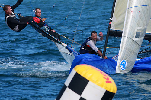 John Winning, Andrew Hay and Dave Gibson sailing their skiff Yandoo to victory in Race 1 of the Australian 18 Footers League Club Championship on Sydney Harbour, October 31, 2010. Photo copyright Australian 18 Footers League.