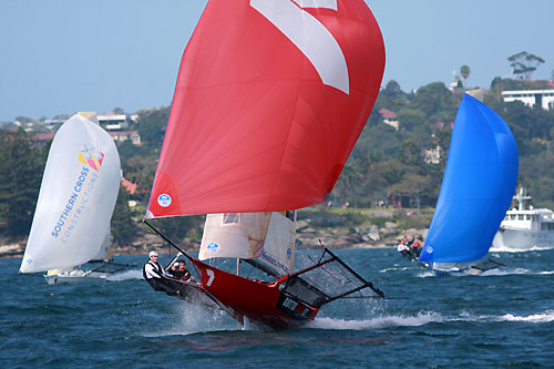 Seve Jarvin, Scott Babbage and Peter Harris on Gotta Love It 7 in Race 2 of the New South Wales Championship on Sydney Harbour. Photo copyright The Australian 18 Footers League.