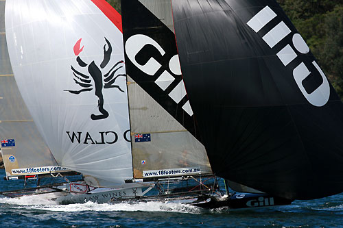 A tight spinnaker run during Race 3 of the New South Wales Championship on Sydney Harbour. Photo copyright The Australian 18 Footers League.