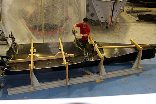 Aerial view hull and deck in the holding jig. Photo copyright Van Munster Boats for the Australian 18 Footers League.