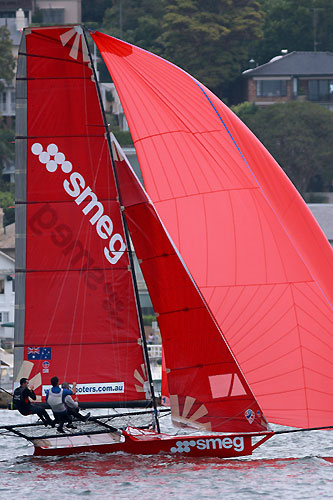 The brand new skiff Smeg, having her first race during Race 5 of the New South Wales Championship on Sydney Harbour. Photo copyright The Australian 18 Footers League.