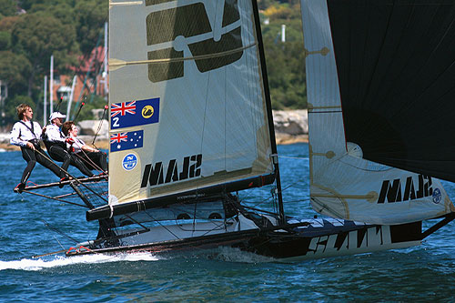 The SLAM team of Grant Rollerson, Anthony Young, Peter Nicholson finished second, during Race 1 of the Australian 18 foot Skiff Championship on Sydney Harbour. Photo copyright The Australian 18 Footers League.