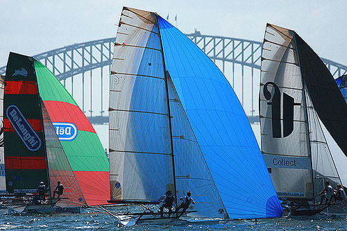 Light wind during Race 2 of the Australian 18 foot Skiff Championship on Sydney Harbour. Photo copyright Australian 18 Footers League.