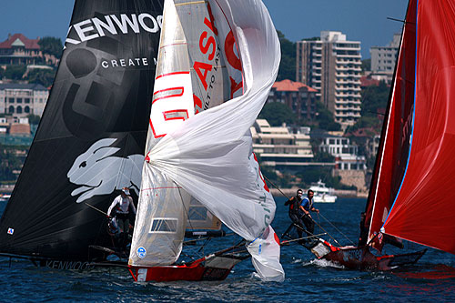 Asko Appliances dropping the kite ahead of Kenwood-Rabbitohs and Smeg, during Race 2 of the Australian 18 foot Skiff Championship on Sydney Harbour. Photo copyright Australian 18 Footers League.
