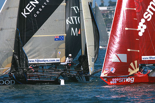 A tight rounding at the bottom mark for Kenwood-Rabbitohs, Smeg and Slam, during Race 2 of the Australian 18 foot Skiff Championship on Sydney Harbour. Photo copyright Australian 18 Footers League.