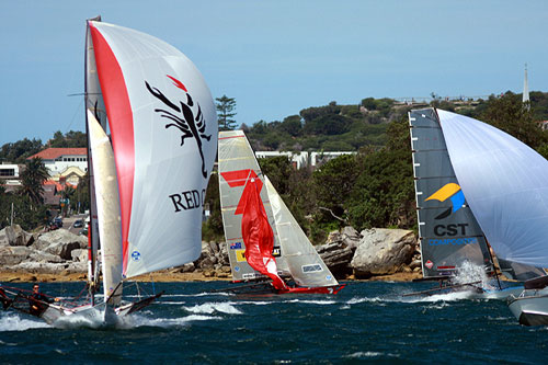 The first spinnaker run, during Race 3 of the Australian 18 foot Skiff Championship on Sydney Harbour. Photo copyright Australian 18 Footers League.