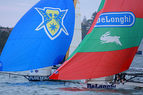 Pure Blonde had led from the first windward mark, but lost the lead on the final leg of the course to finish 16 seconds behind De’Longhi-Rabbitohs, for the Twilight Race on Sydney Harbour. Photo copyright Australian 18 Footers League.