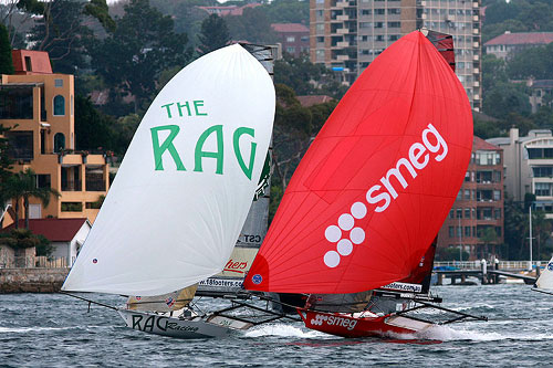 Rag & Famish Hotel and Smeg in the early stages of the race, during Race 12 of the Club Championship Race. Photo copyright Australian 18 Footers League.
