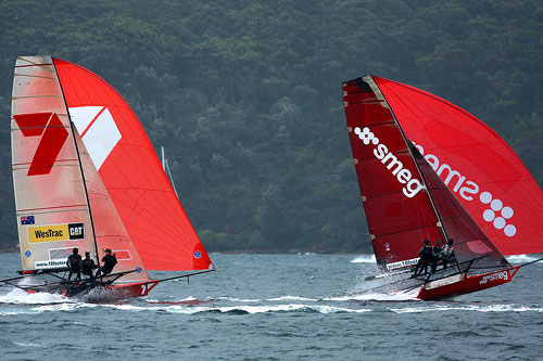 The Smeg team ahead of Gotta Love It 7, during Race 12 of the Club Championship Race. Photo copyright Australian 18 Footers League.