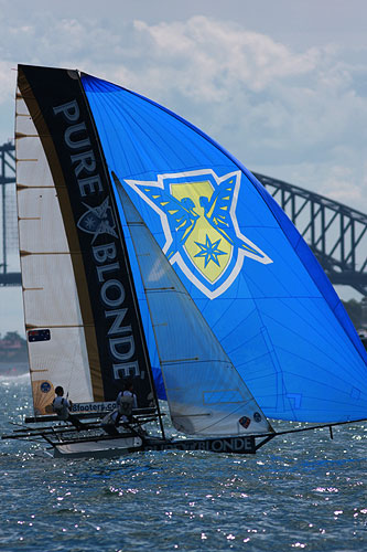 The Pure Blonde crew of James Francis, Brad Phillips and Cameron McDonald, during Ferry Patrons Trophy Race on Sydney Harbour. Photo copyright Australian 18 Footers League.