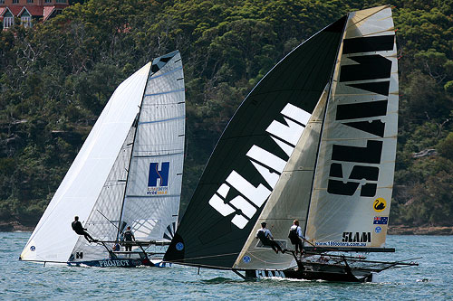 Grant Rollerson’s SLAM and Andy Budgen's Project Racing, during Ferry Patrons Trophy Race on Sydney Harbour. Photo copyright Australian 18 Footers League.