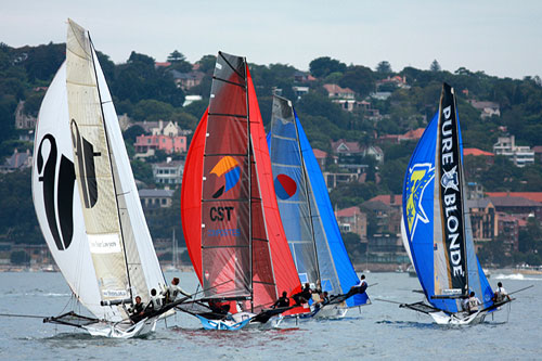 One of those moments when the fleet were sailing, during Race 13 of the Club Championship Race. Photo copyright Australian 18 Footers League.