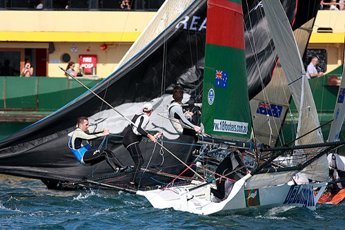Close racing with ferry, during the Invitation Race of the Winning Appliances - JJ Giltinan 18ft Skiff Championship on Sydney Harbour, Friday March 4, 2011. Photo copyright Australian 18 Footers League.