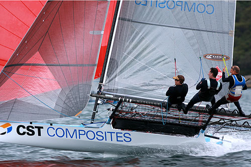 The champion USA team of Howie Hamlin, Fritz Lanzinger and Paul Allen finished second on CST Composites, during the The George Calligeros Trophy Race, Race 1 of the Winning Appliances - JJ Giltinan 18ft Skiff Championship on Sydney Harbour, Saturday March 5. Photo copyright Australian 18 Footers League.