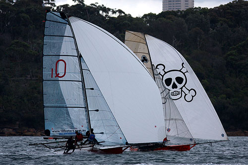 Queenslander 1 and AOL, during the The George Calligeros Trophy Race, Race 1 of the Winning Appliances - JJ Giltinan 18ft Skiff Championship on Sydney Harbour, Saturday March 5. Photo copyright Australian 18 Footers League.