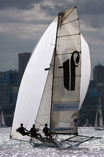 Michael Coxon, Aaron Links and Trent Barnabas on Thurlow Fisher Lawyers, during Race 2 of the Winning Appliances - JJ Giltinan 18ft Skiff Championship on Sydney Harbour, Sunday March 6, 2011. Photo copyright Australian 18 Footers League.