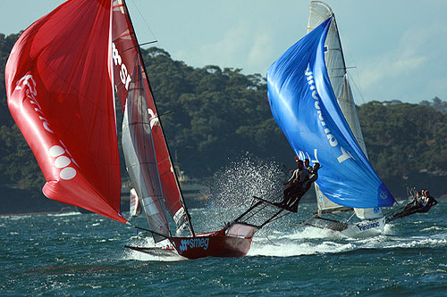 Spinnaker action on Sydney Harbour, during Race 3 of the Winning Appliances - JJ Giltinan 18ft Skiff Championship on Sydney Harbour, Sunday March 8, 2011. Photo copyright Australian 18 Footers League.