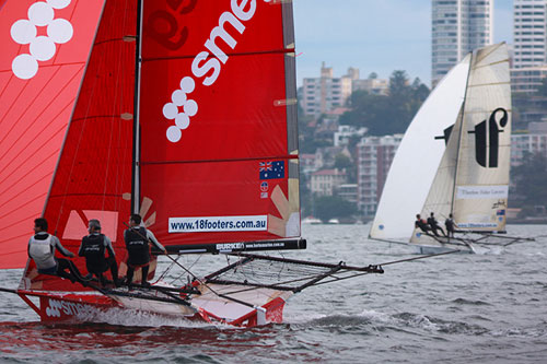 Smeg chasing Thurlow Fisher Lawyers, during Race 4 of the Winning Appliances - JJ Giltinan 18ft Skiff Championship on Sydney Harbour, Wednesday March 9, 2011. Photo copyright Australian 18 Footers League.