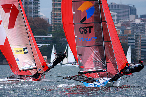 It was a tough battle for the minor placings, during Race 4 of the Winning Appliances - JJ Giltinan 18ft Skiff Championship on Sydney Harbour, Wednesday March 9, 2011. Photo copyright Australian 18 Footers League.