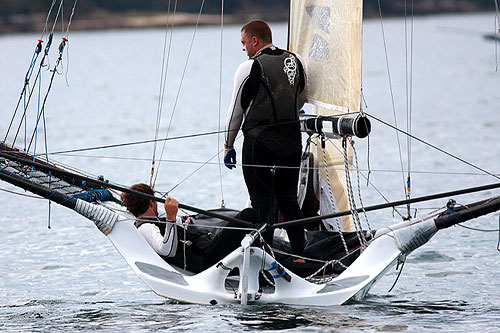 The New Zealand crew on Yamaha, waiting for the race to start, during Race 4 of the Winning Appliances - JJ Giltinan 18ft Skiff Championship on Sydney Harbour, Wednesday March 9, 2011. Photo copyright Australian 18 Footers League.