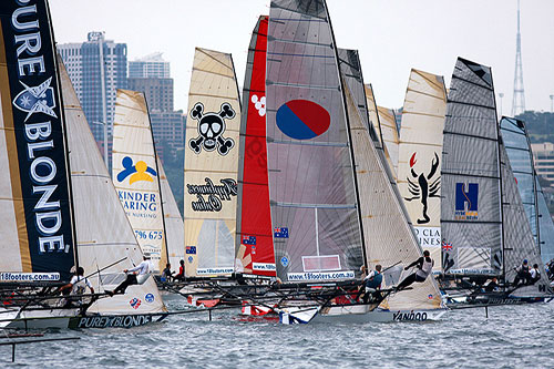 It was a tight start in light wind for Race 5 of the Winning Appliances - JJ Giltinan 18ft Skiff Championship on Sydney Harbour, Thursday March 10, 2011. Photo copyright Australian 18 Footers League.