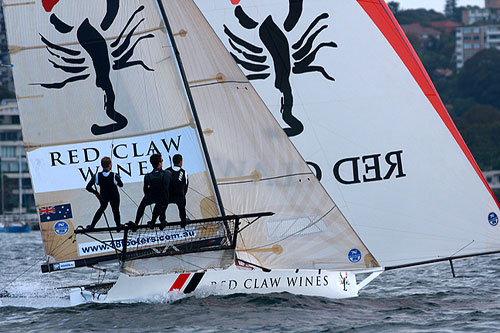 Matthew Searle, Archie Massey and Mike McKenzie on Red Claw Wines finished second, in Race 6 of the Winning Appliances - JJ Giltinan 18ft Skiff Championship on Sydney Harbour, Saturday March 12, 2011. Photo copyright Australian 18 Footers League.