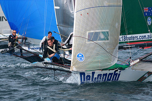 Simon Nearn’s De’Longhi-Rabbitohs approaching the bottom mark, during Race 6 of the JJ Giltinan 18ft Skiff Championship on Sydney Harbour, Saturday March 12, 2011. Photo copyright Australian 18 Footers League.