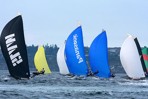 The 18 footer fleet on a spinnaker run to Clark Island, during Race 6 of the Winning Appliances - JJ Giltinan 18ft Skiff Championship on Sydney Harbour, Saturday March 12, 2011. Photo copyright Australian 18 Footers League.
