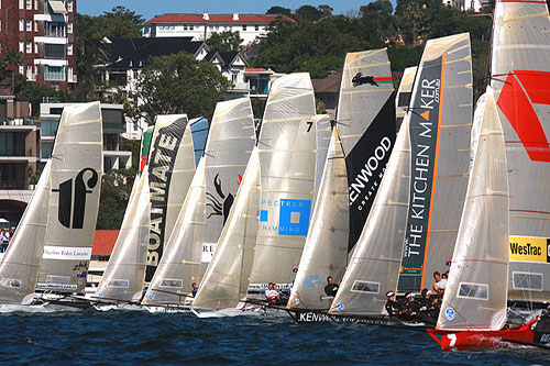 The 18 footer fleet start in Race 7 of the Winning Appliances - JJ Giltinan 18ft Skiff Championship on Sydney Harbour, Sunday March 13, 2011. Photo copyright Australian 18 Footers League.