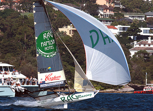 Rag & Famish Hotel, sailed by Jack Macartney, Tom Clout and Drewe Waller, led for most of Race 7, of the Winning Appliances - JJ Giltinan 18ft Skiff Championship on Sydney Harbour, Sunday March 13, 2011. Photo copyright Australian 18 Footers League.