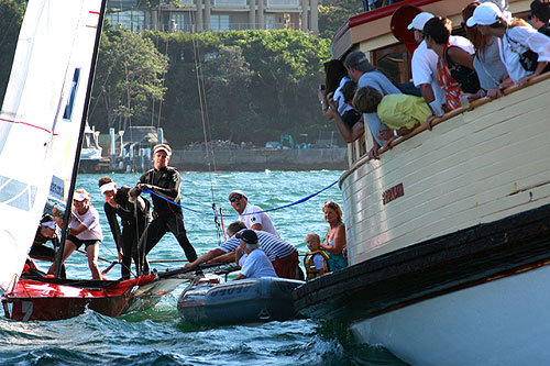 The winners receive their blue ribbon, after Race 7 of the Winning Appliances - JJ Giltinan 18ft Skiff Championship on Sydney Harbour, Sunday March 13, 2011. Photo copyright Australian 18 Footers League.