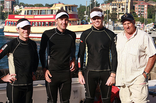The winning crew with coach Iain murray, in Race 7 of the Winning Appliances - JJ Giltinan 18ft Skiff Championship on Sydney Harbour, Sunday March 13, 2011. Photo copyright Australian 18 Footers League.