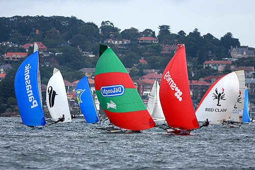 The first spinnaker run, during Race 14 of the Australian 18 Footers League Club Championship on Sydney Harbour. Photo copyright Australian 18 Footers League.