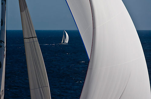 Adrian Lee's Irish Cookson 50, Lee Overlay Partners from the sail of Mike Slade's 100ft Maxi ICAP Leopard, RORC Caribbean 600. Photo copyright Carlo Borlenghi.