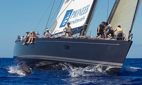 Antigua 21-02-2010. DSK Pioneer Investments sailing with dolphins, the day before the start of the RORC Caribbean 600. Photo copyright Carlo Borlenghi.