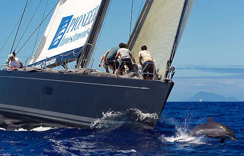 Antigua 21-02-2010. DSK Pioneer Investments sailing with dolphins, the day before the start of the RORC Caribbean 600. Photo copyright Carlo Borlenghi.